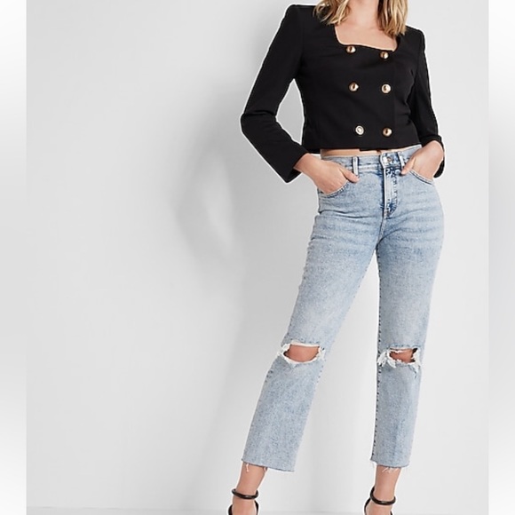 Express Denim - Express high waisted light wash ripped straight ankle jeans